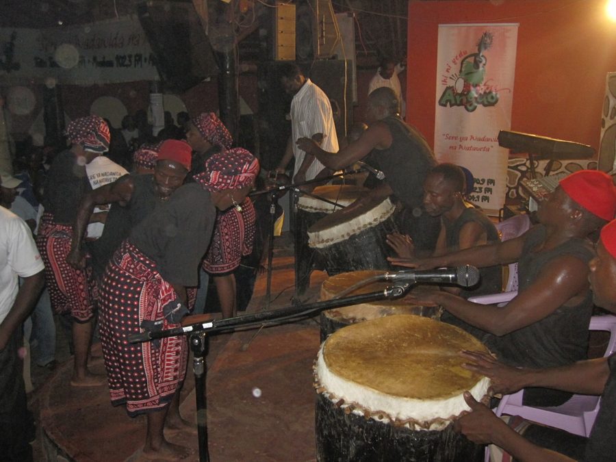 Traditional Taita drummers performing live on the Anguo FM stage