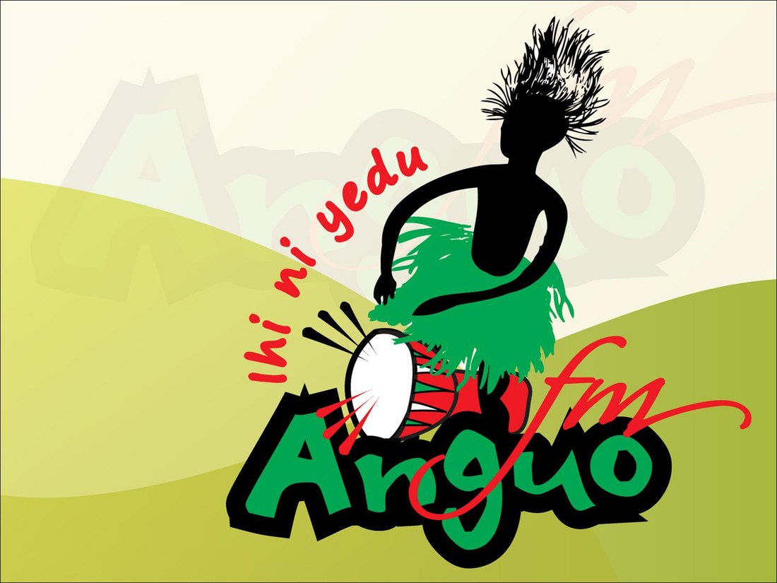 Anguo FM mascot — a Taita drummer in silhouette above rolling hills, with the Anguo fm logo and the tagline Ihi ni yedu